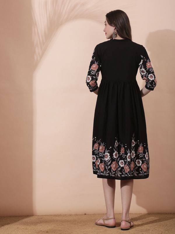Globus Women Black Mandarin Collar Floral Print Gathered & Pleated Flared Hem A-Line Midi Dress