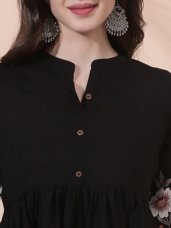 Globus Women Black Mandarin Collar Floral Print Gathered & Pleated Flared Hem A-Line Midi Dress