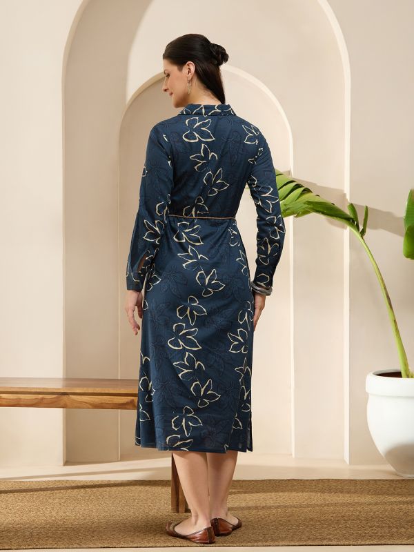 Globus Women Blue Collared Neck Cuff Sleeves Floral Printed Shirt Style Midi Dress With Tie-Up Dori