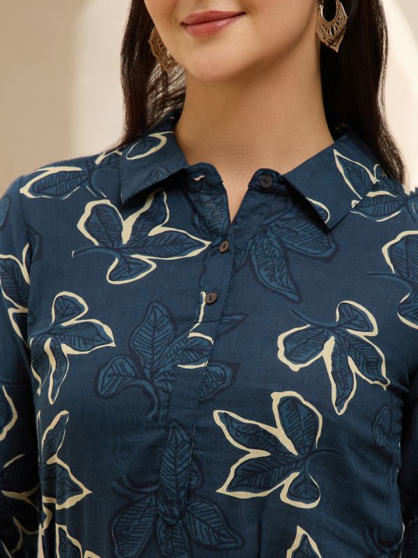 Globus Women Blue Collared Neck Cuff Sleeves Floral Printed Shirt Style Midi Dress With Tie-Up Dori