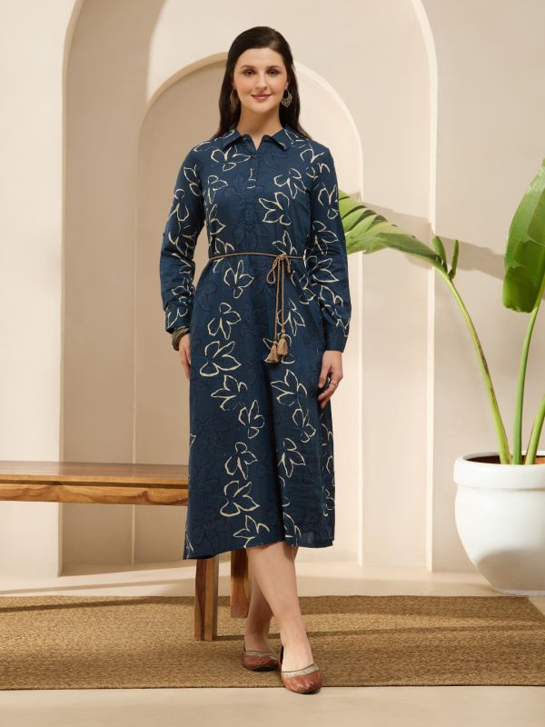 Globus Women Blue Collared Neck Cuff Sleeves Floral Printed Shirt Style Midi Dress With Tie-Up Dori