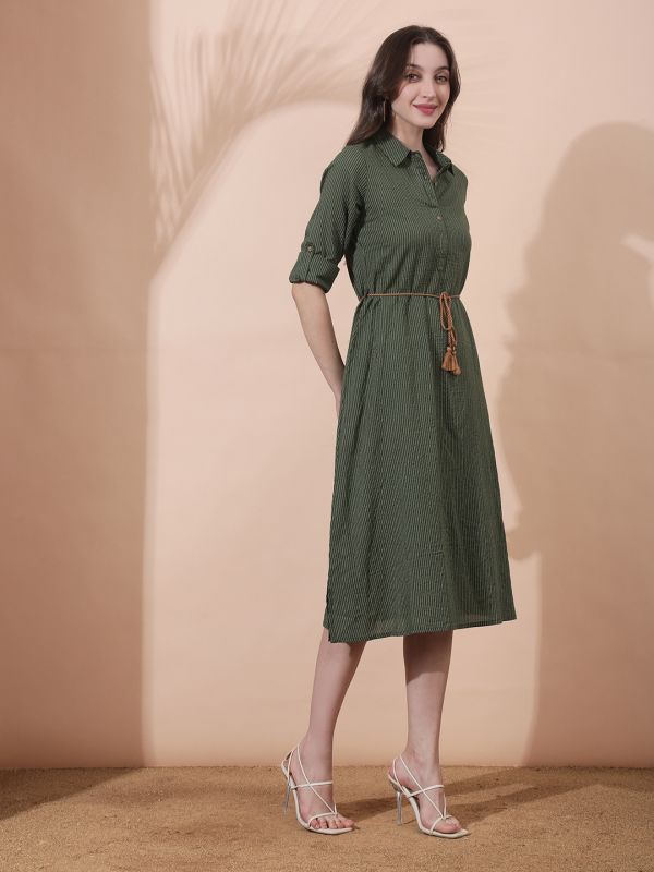 Globus Women Olive Collared Neck Roll-Up Sleeve Thread Work Waist Tie-Ups Shirt Style Midi Workwear Dress
