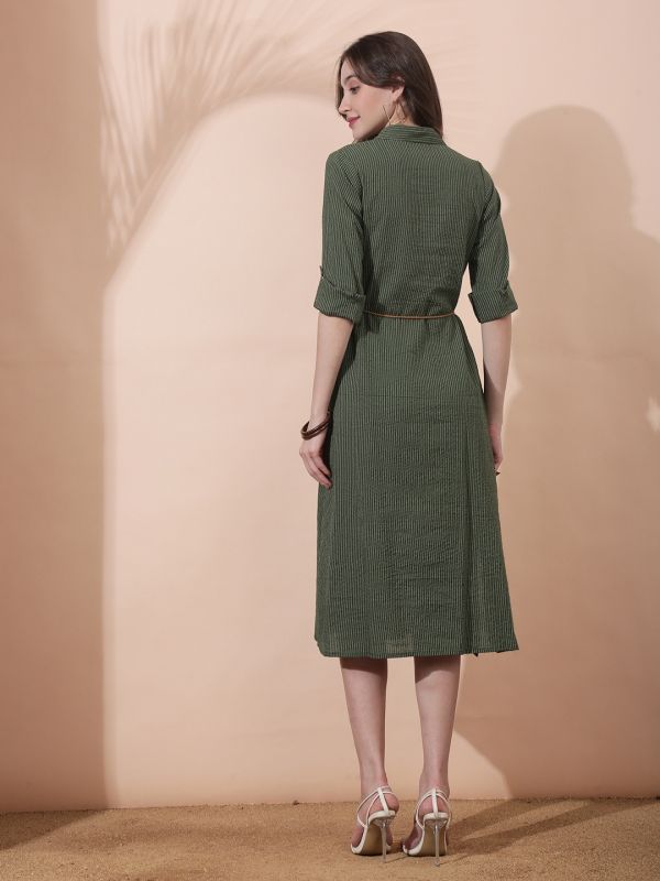 Globus Women Olive Collared Neck Roll-Up Sleeve Thread Work Waist Tie-Ups Shirt Style Midi Workwear Dress