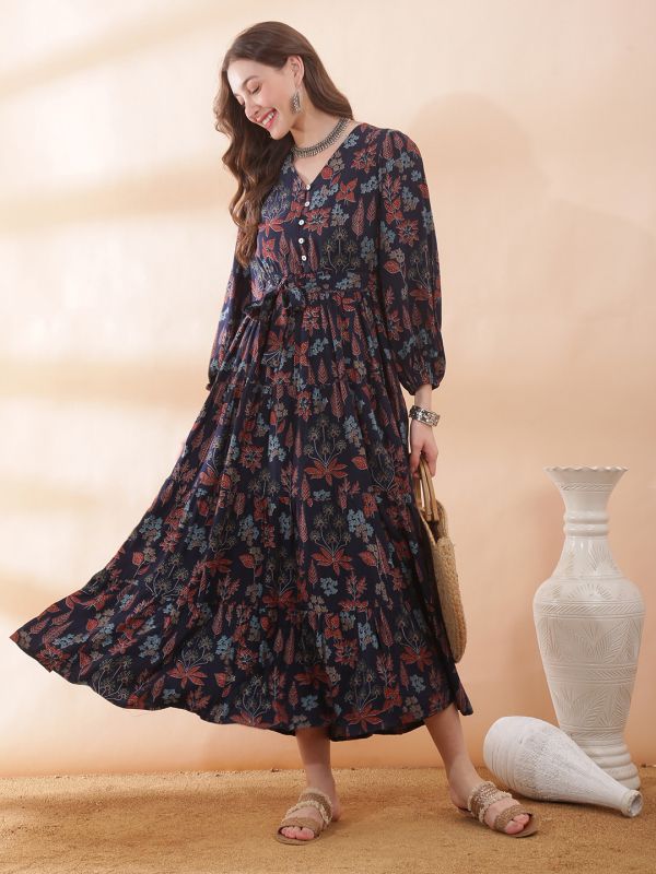 Globus Women Navy Blue V-Neck Bishop Sleeve Floral Print Belted Gathered & Tiered A-Line Maxi Dress