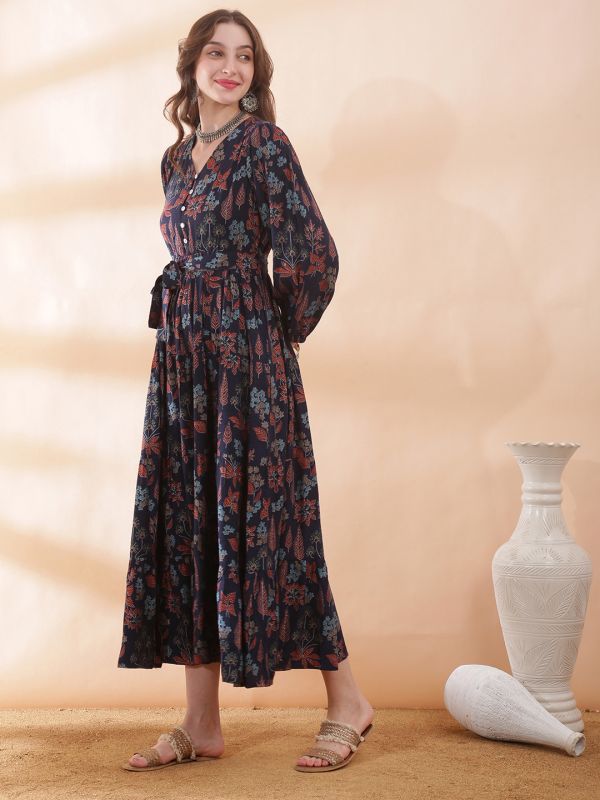 Globus Women Navy Blue V-Neck Bishop Sleeve Floral Print Belted Gathered & Tiered A-Line Maxi Dress