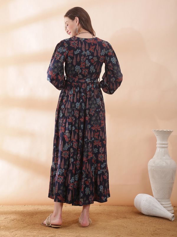 Globus Women Navy Blue V-Neck Bishop Sleeve Floral Print Belted Gathered & Tiered A-Line Maxi Dress