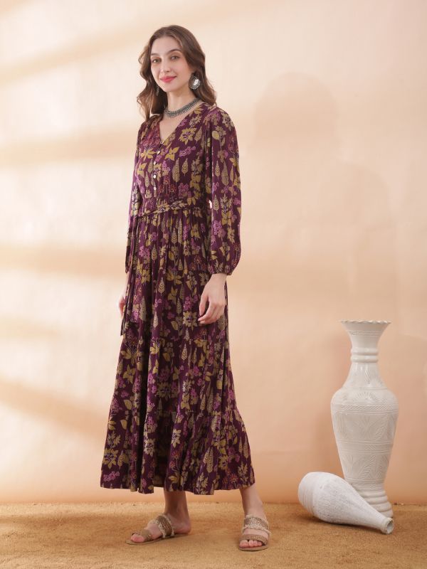 Globus Women Purple V-Neck Bishop Sleeve Floral Print Belted Gathered & Tiered A-Line Maxi Dress