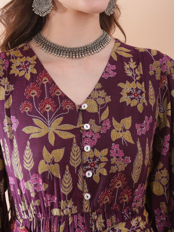 Globus Women Purple V-Neck Bishop Sleeve Floral Print Belted Gathered & Tiered A-Line Maxi Dress