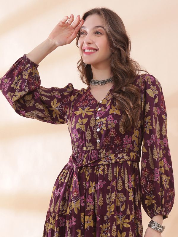 Globus Women Purple V-Neck Bishop Sleeve Floral Print Belted Gathered & Tiered A-Line Maxi Dress