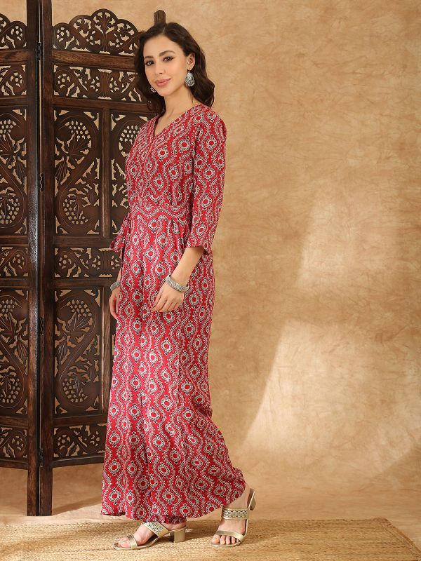 Globus Women Maroon V-Neck Allover Ethnic Print Wide Leg Belted Jumpsuit