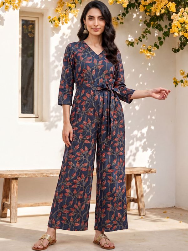 Globus Women Blue V-Neck Allover Floral Print Wide Leg Belted Jumpsuit