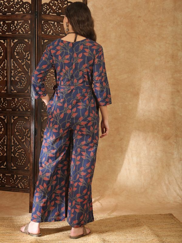 Globus Women Blue V-Neck Allover Floral Print Wide Leg Belted Jumpsuit