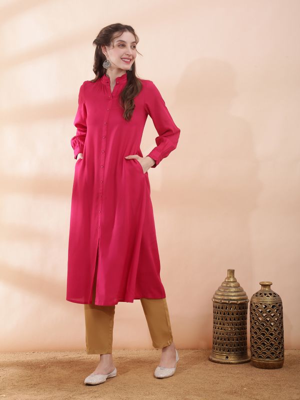 Globus Women Pink Frill Band Collar Cuff Sleeves Button Down Front Slit A-Line Kurta