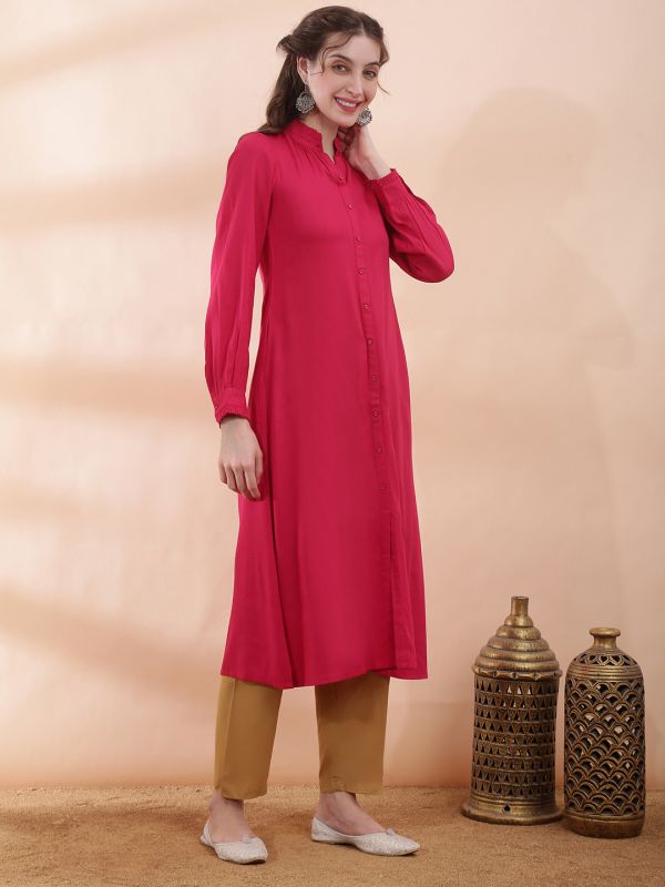 Globus Women Pink Frill Band Collar Cuff Sleeves Button Down Front Slit A-Line Kurta