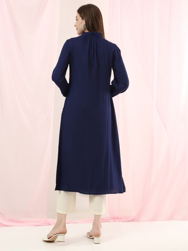 Globus Women Blue Band Collar Cuffed Sleeves Frilled Detail A-Line Shirt Style Kurta