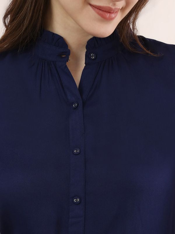 Globus Women Blue Band Collar Cuffed Sleeves Frilled Detail A-Line Shirt Style Kurta