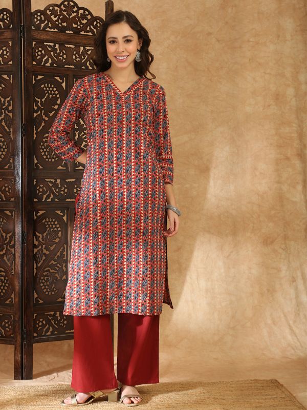 Globus Women Red V-Neck Geometric Print Straight Kurta with Pants Set
