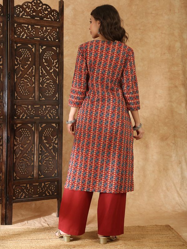 Globus Women Red V-Neck Geometric Print Straight Kurta with Pants Set