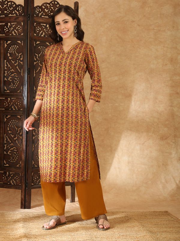 Globus Women Mustard V-Neck Geometric Print Straight Kurta with Pants Set