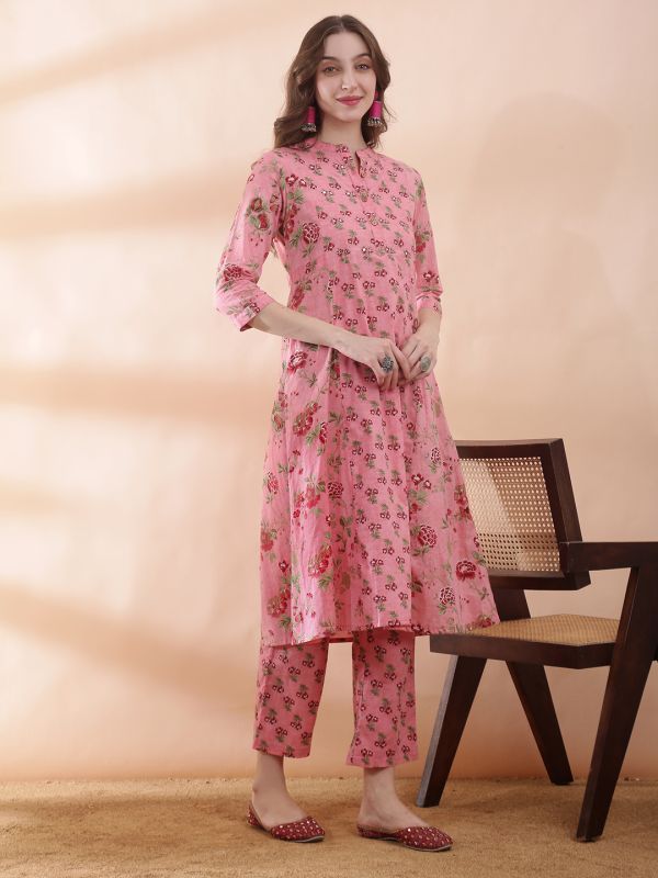 Globus Women Pink All Over Floral Print Mandarin Collar Panelled Mirror Work A-line Kurta With Pant Set
