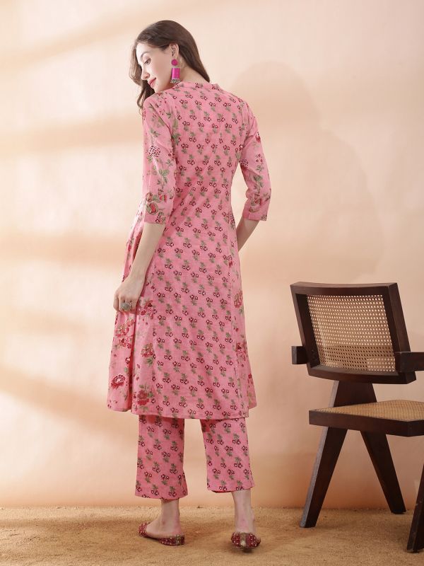 Globus Women Pink All Over Floral Print Mandarin Collar Panelled Mirror Work A-line Kurta With Pant Set