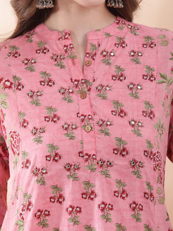 Globus Women Pink All Over Floral Print Mandarin Collar Panelled Mirror Work A-line Kurta With Pant Set