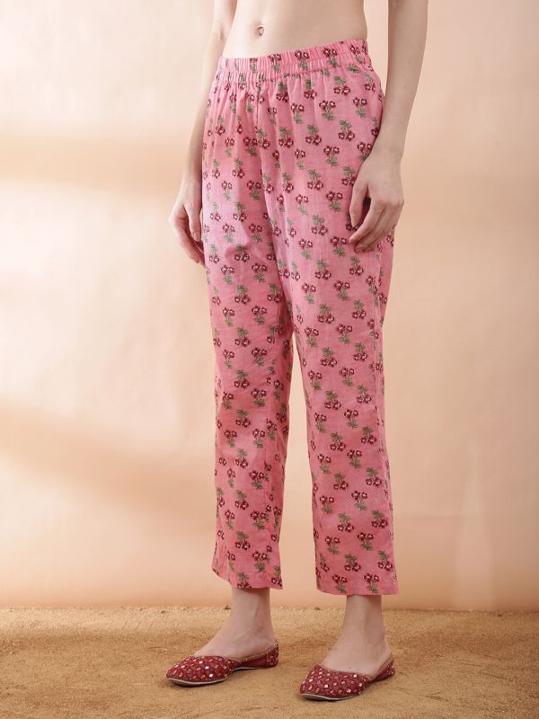 Globus Women Pink All Over Floral Print Mandarin Collar Panelled Mirror Work A-line Kurta With Pant Set