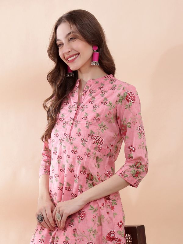 Globus Women Pink All Over Floral Print Mandarin Collar Panelled Mirror Work A-line Kurta With Pant Set