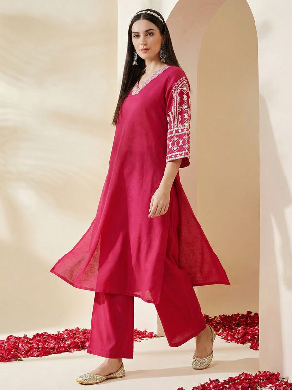 Globus Women Pink Embroidered Detail V-Neck Bell Sleeves A-Line Kurta with Wide Leg Pants Set