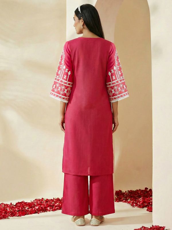 Globus Women Pink Embroidered Detail V-Neck Bell Sleeves A-Line Kurta with Wide Leg Pants Set
