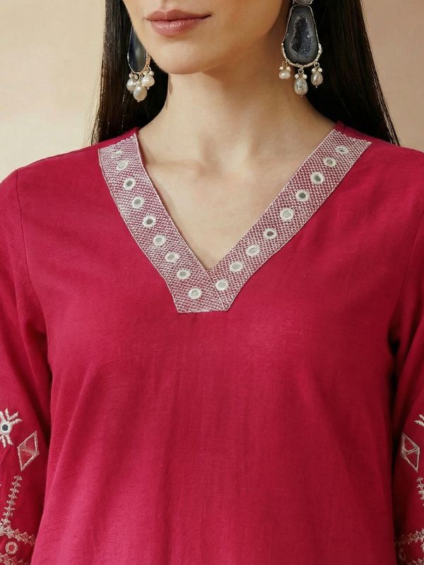 Globus Women Pink Embroidered Detail V-Neck Bell Sleeves A-Line Kurta with Wide Leg Pants Set