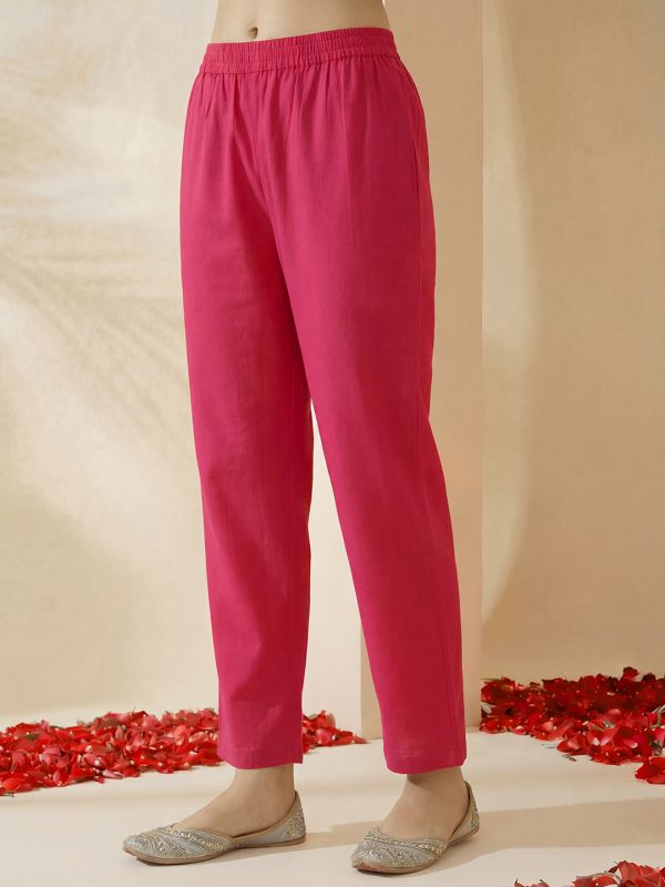Globus Women Pink Embroidered Detail V-Neck Bell Sleeves A-Line Kurta with Wide Leg Pants Set