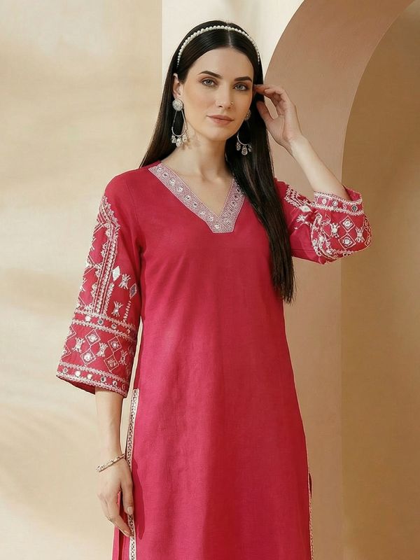 Globus Women Pink Embroidered Detail V-Neck Bell Sleeves A-Line Kurta with Wide Leg Pants Set