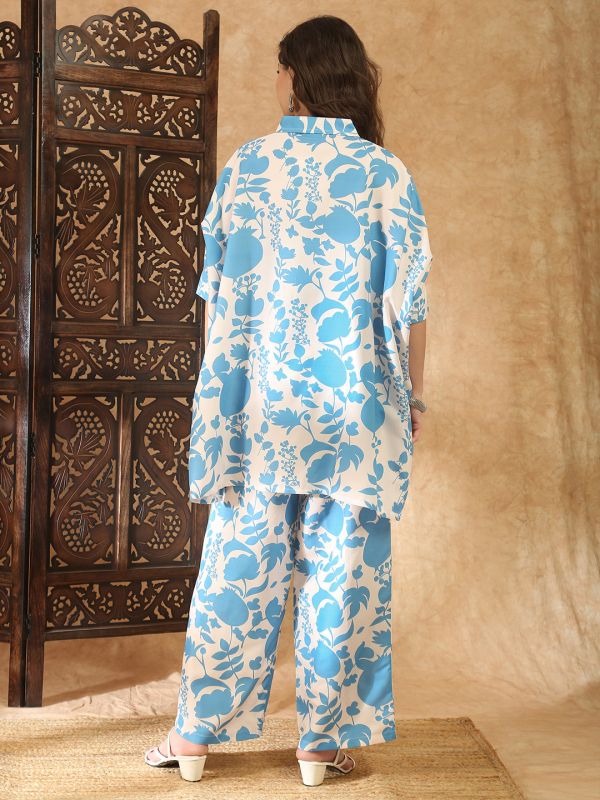 Globus Women Blue Shirt Collar Kimono Sleeves Floral Print Tunic With Pants Fusion Co-Ord Set