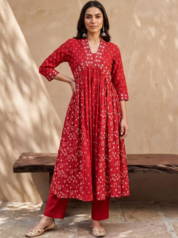 Globus Women Maroon V-Neck Floral Embroidered Alia Cut Flared Hem A-Line Kurta with Trouser Festive Set