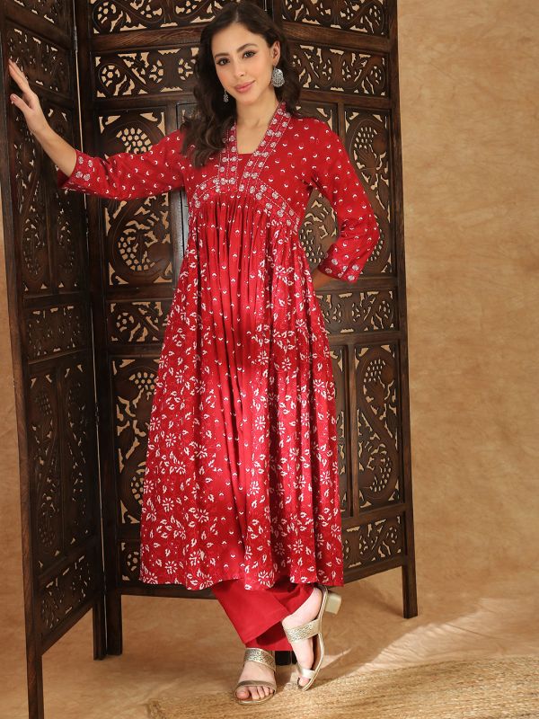 Globus Women Maroon V-Neck Floral Embroidered Alia Cut Flared Hem A-Line Kurta with Trouser Festive Set