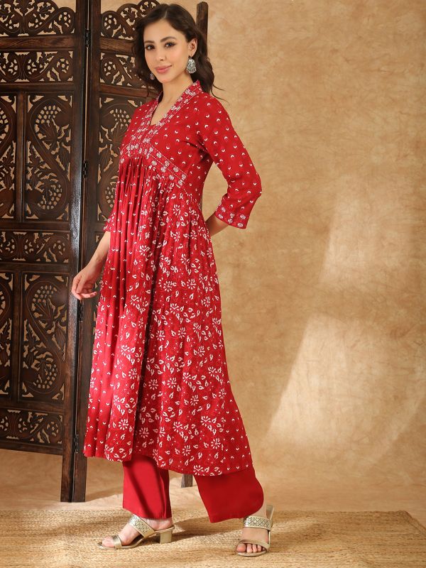 Globus Women Maroon V-Neck Floral Embroidered Alia Cut Flared Hem A-Line Kurta with Trouser Festive Set