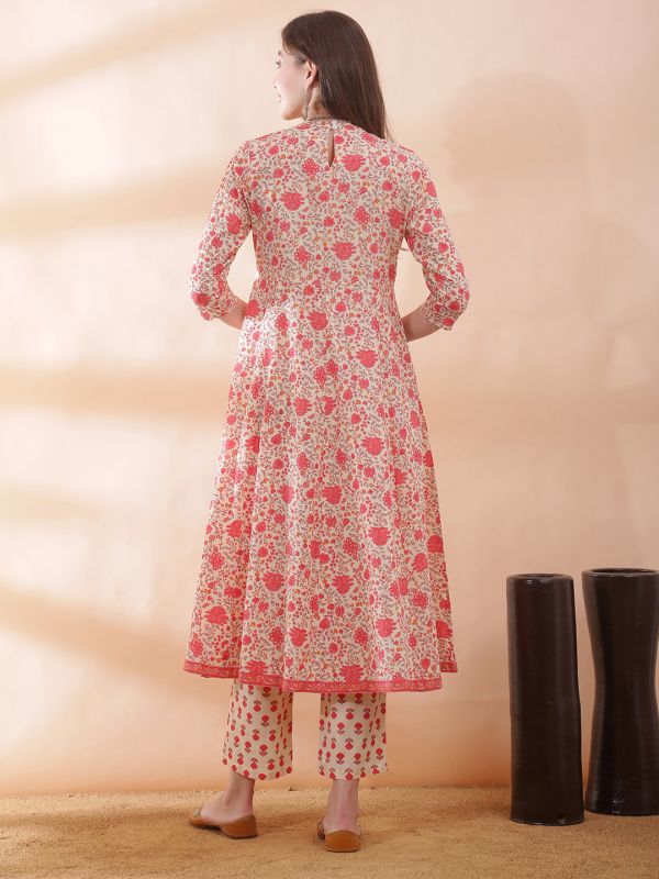 Globus Women Off White All Over Floral Print Round Neck Anarkali Kurta With Pant Set