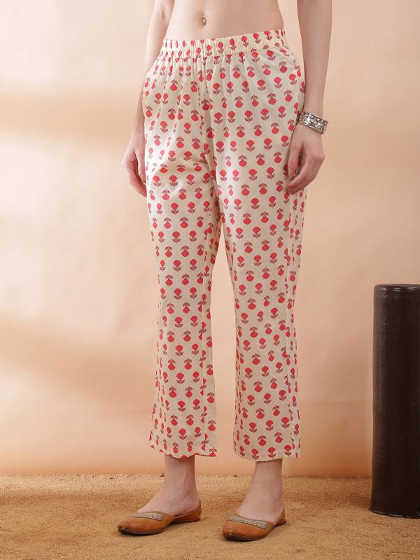 Globus Women Off White All Over Floral Print Round Neck Anarkali Kurta With Pant Set