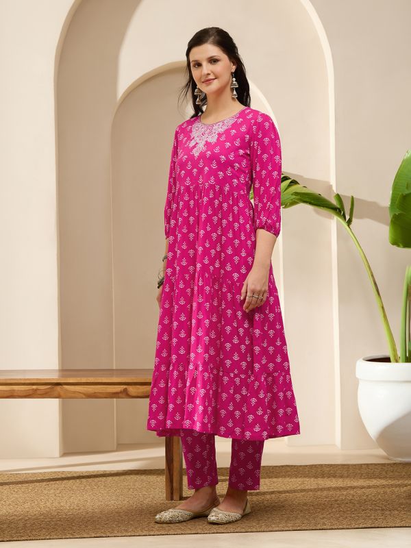 Globus Women Pink Embroidered Round Neck Bishop Sleeves Ethnic Print Tiered A-Line Kurta With Pants Set