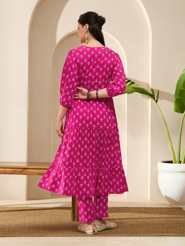 Globus Women Pink Embroidered Round Neck Bishop Sleeves Ethnic Print Tiered A-Line Kurta With Pants Set