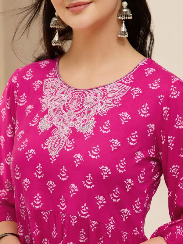 Globus Women Pink Embroidered Round Neck Bishop Sleeves Ethnic Print Tiered A-Line Kurta With Pants Set