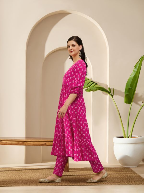 Globus Women Pink Embroidered Round Neck Bishop Sleeves Ethnic Print Tiered A-Line Kurta With Pants Set