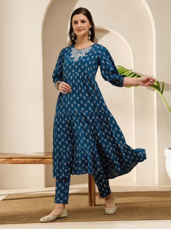 Globus Women Navy Blue Embroidered Round Neck Bishop Sleeves Ethnic Print Tiered A-Line Kurta With Pants Set