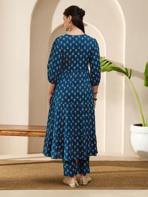 Globus Women Navy Blue Embroidered Round Neck Bishop Sleeves Ethnic Print Tiered A-Line Kurta With Pants Set