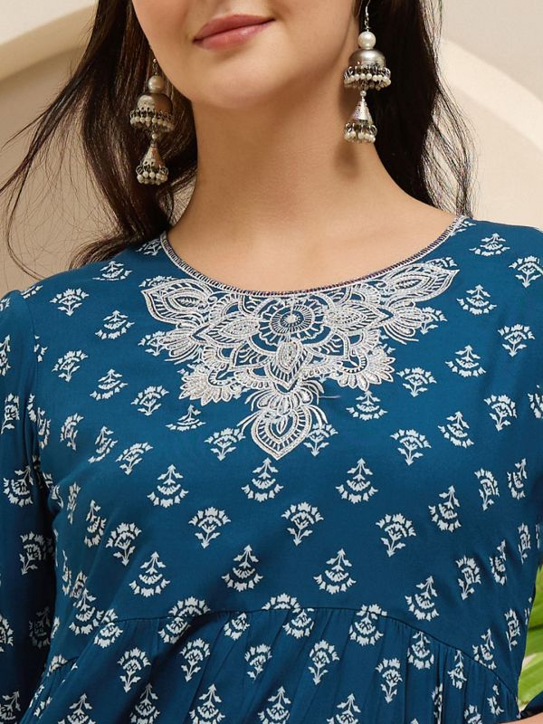Globus Women Navy Blue Embroidered Round Neck Bishop Sleeves Ethnic Print Tiered A-Line Kurta With Pants Set