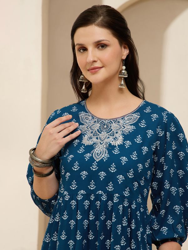 Globus Women Navy Blue Embroidered Round Neck Bishop Sleeves Ethnic Print Tiered A-Line Kurta With Pants Set