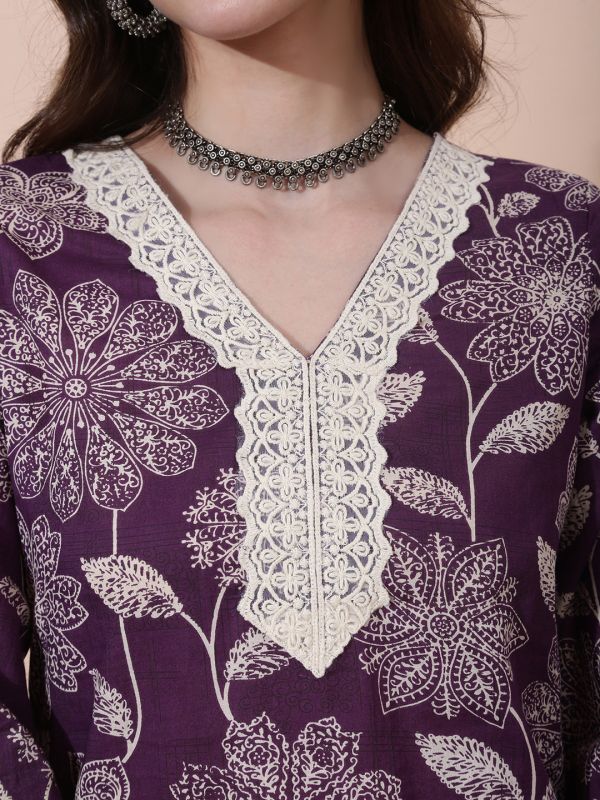 Globus Women Purple All Over Floral Print Lace Instert V-Neck Bell Sleeves Straight Kurta With Pant Set