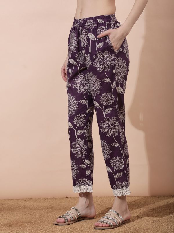 Globus Women Purple All Over Floral Print Lace Instert V-Neck Bell Sleeves Straight Kurta With Pant Set