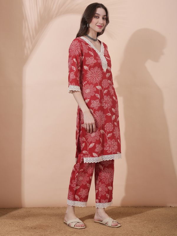 Globus Women Red All Over Floral Print Lace Instert V-Neck Bell Sleeves Straight Kurta With Pant Set